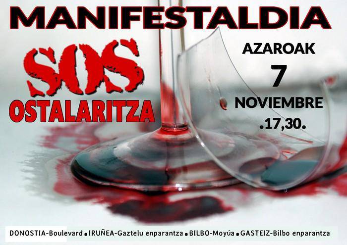 SOS Ostalaritzak deitutako manifestazioa egingo dute gaur 17:30ean Moyua plazatik abiatuta