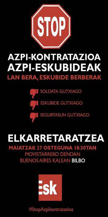 ESK Sindikatuak Telefonika-Movistarren azpikontratazioen aurkako mobilizazioa deitu du gaur