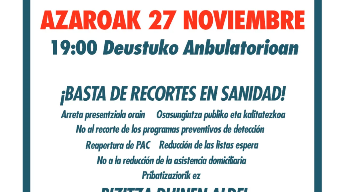 Osasungintzako murrizketak salatzeko kontzentrazioa Deustuko anbulatorioan