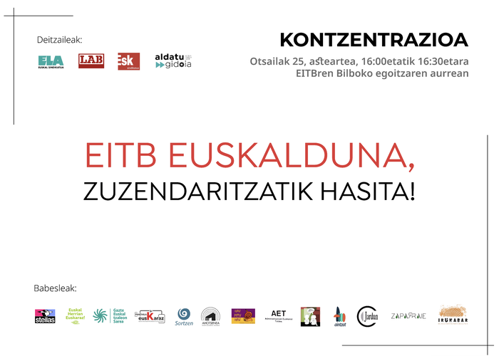 EITBn oinarrizko hizkuntza eskubideak bermatzearen aldeko elkarretaratzea deitu dute otsailaren 25ean