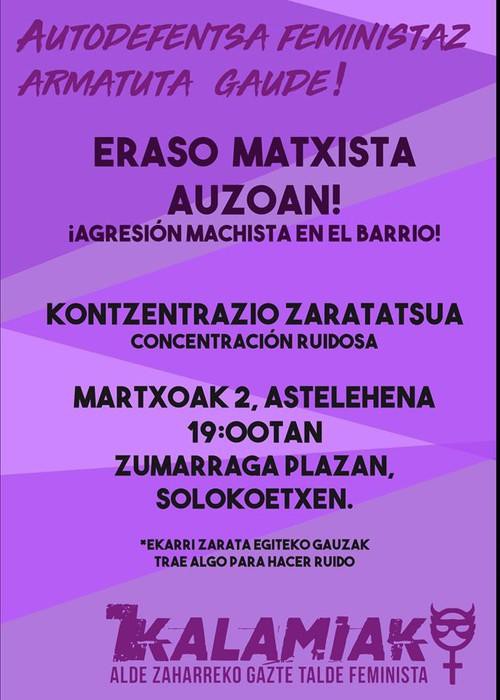 Bilbon jazotako azken eraso matxista salatzeko kontzentrazioa deitu du Kalamiak-ek