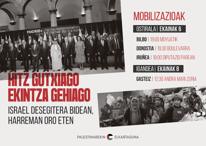 MOBILIZAZIOA: Hitz gutxiago eta ekintza gehiago behar direla salatu du Palestinarekin Elkartasuna plataformak