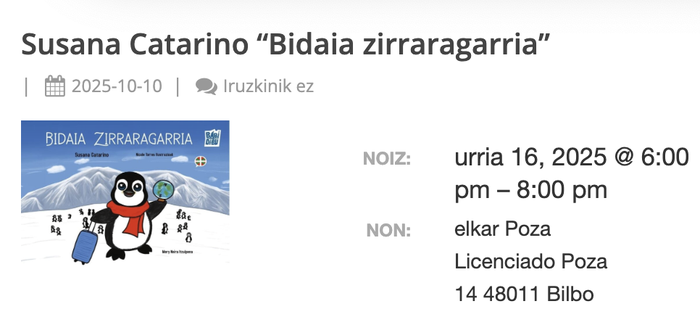 Susana Catarinoren “Bidaia zirraragarria” liburuaren aurkezpena Elkar dendan