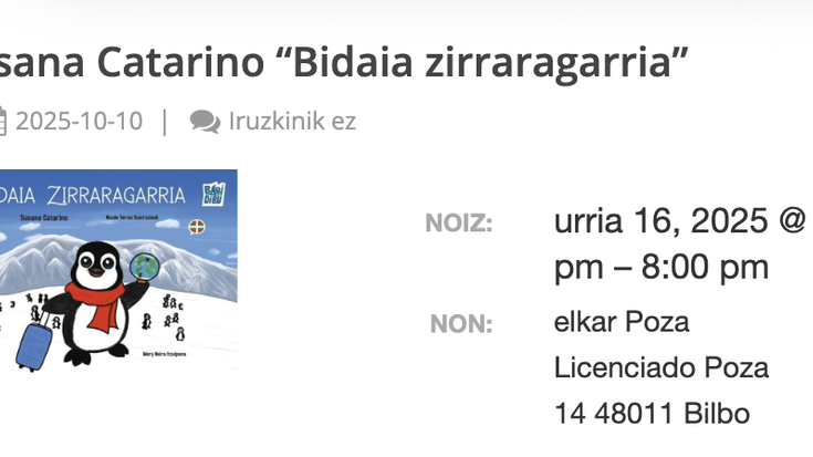 Susana Catarinoren “Bidaia zirraragarria” liburuaren aurkezpena Elkar dendan