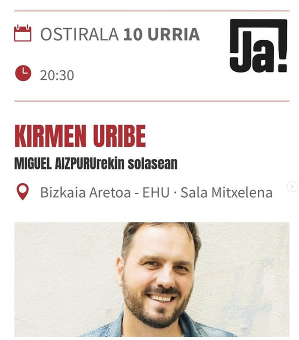 KIRMEN URIBE MIGUEL AIZPURUrekin solasean Bizkaia Aretoan