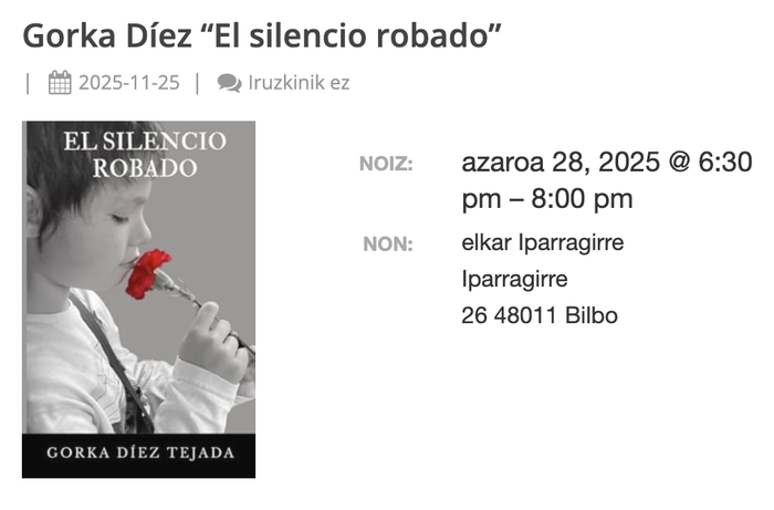 Gorka Díezen “El silencio robado” liburuaren aurkezpena Elkar dendan