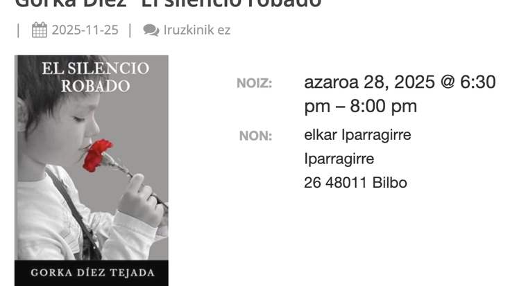 Gorka Díezen “El silencio robado” liburuaren aurkezpena Elkar dendan