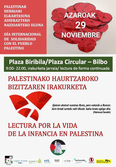 Palestinako haurtzaroko bizitzaren irakurketa jarraia Plaza Biribilean